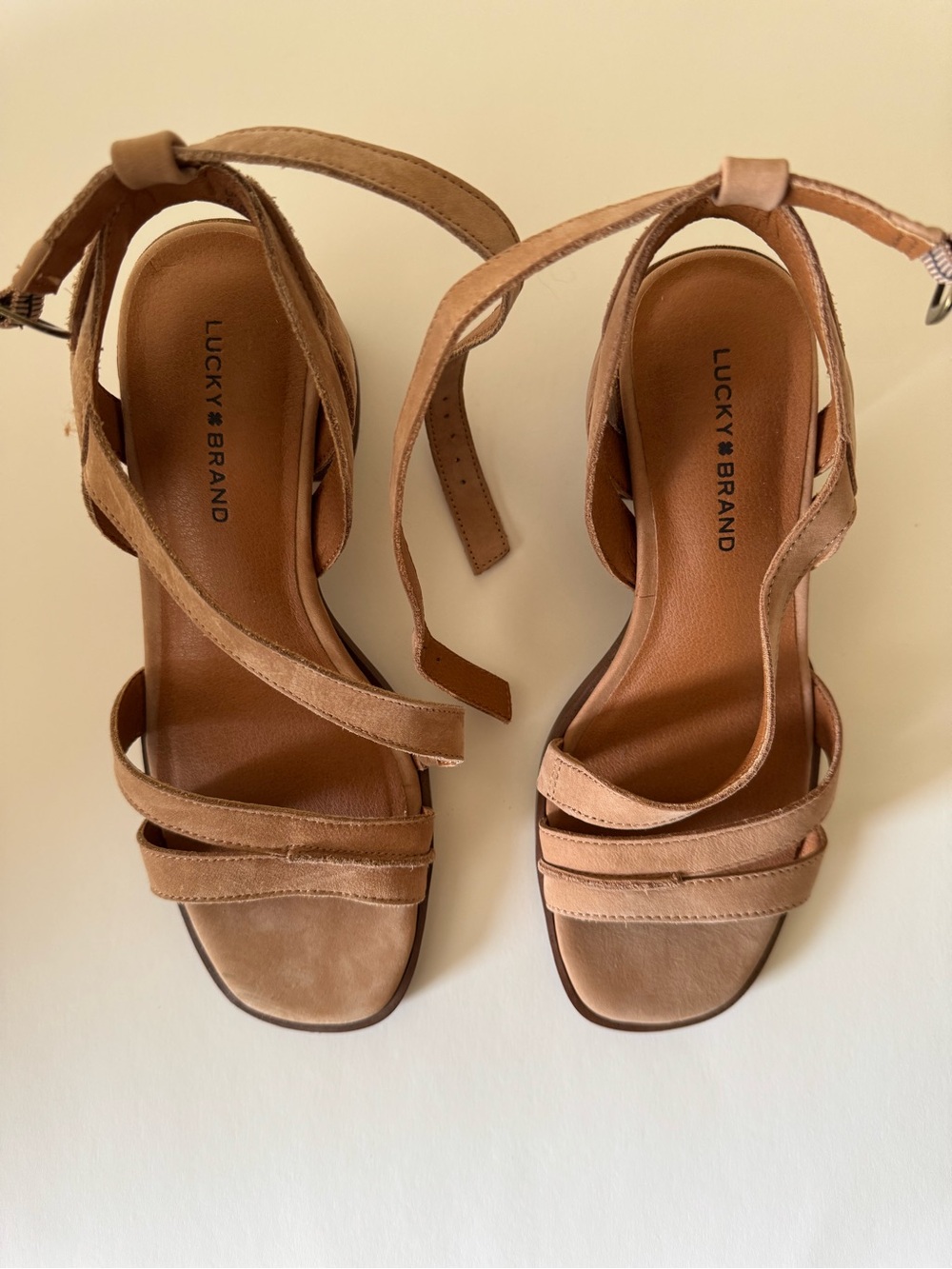 Lucky Brand Tan Suede Strappy Block Heel Sandals - Picture 2 of 10